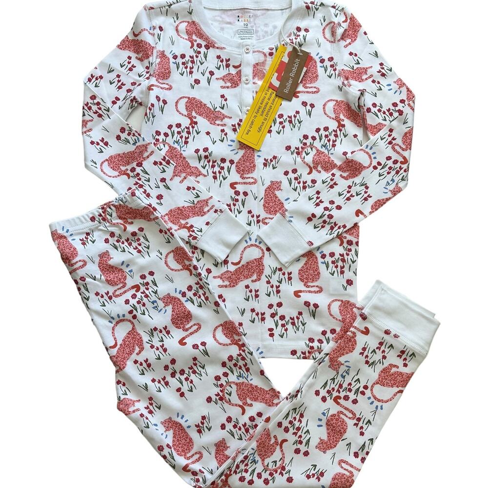 Roller Rabbit Kids Pajama Set - White with Red Floral Fox Print